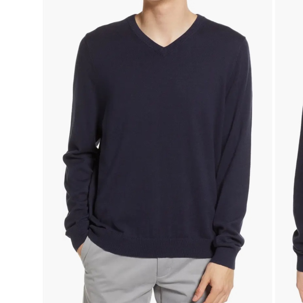 Nordstroms Men's Shop Merino Wool Blend V-Neck Sweater - Dark Navy - M